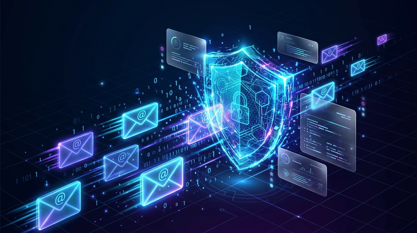 High-Tech Shield protecting digital mailboxes and OTP verification codes from spam and phishing